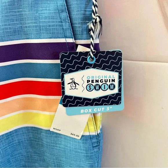 Penguin Swim Trunks Shorts Size 36 Deep Water Color Multi Colored Striped - Picture 8 of 11